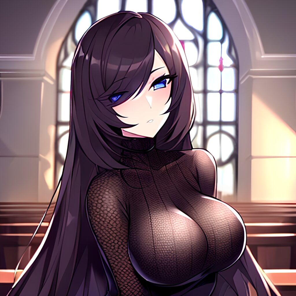 brunette long hair messy hair fishnet church woman