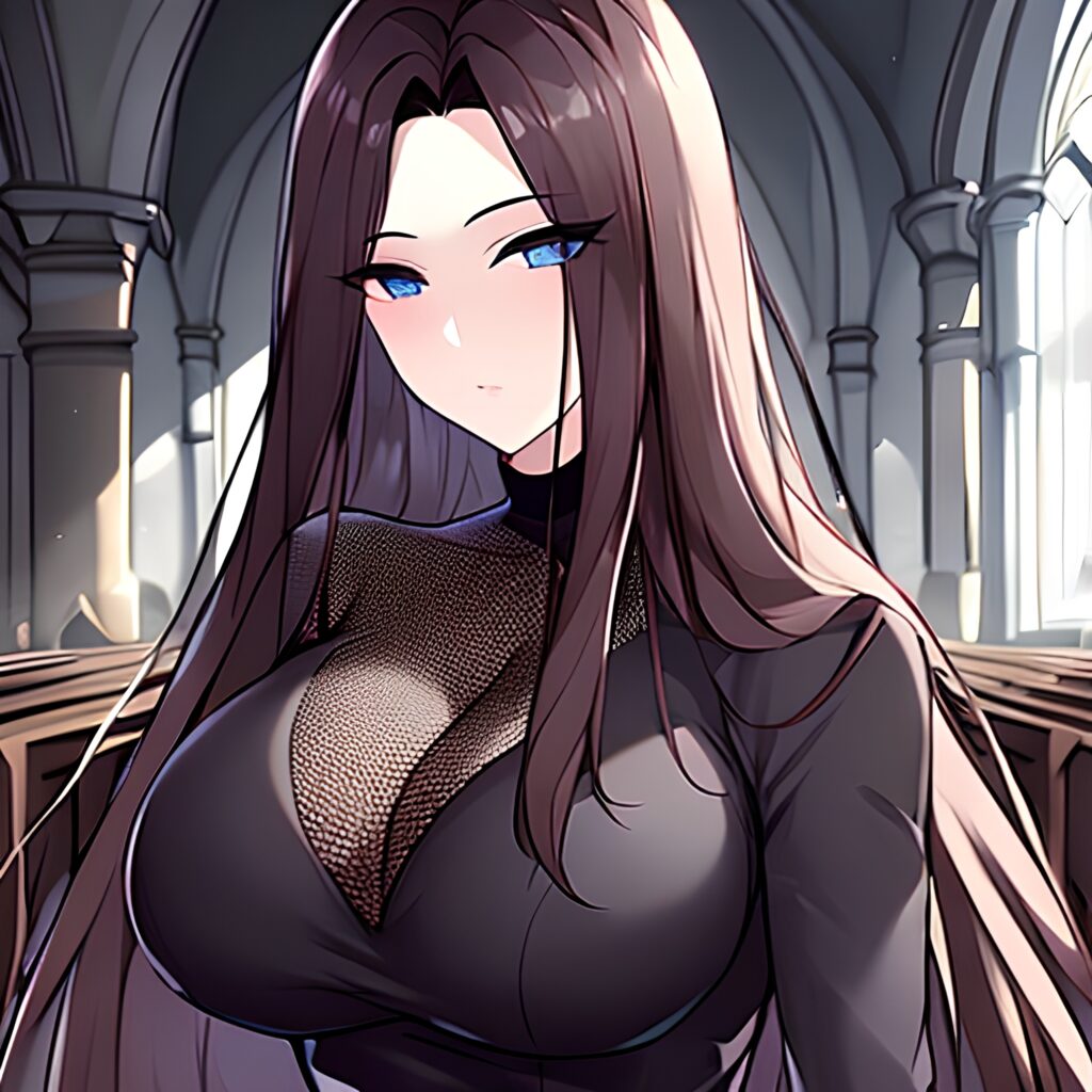 brunette long hair messy hair fishnet church woman