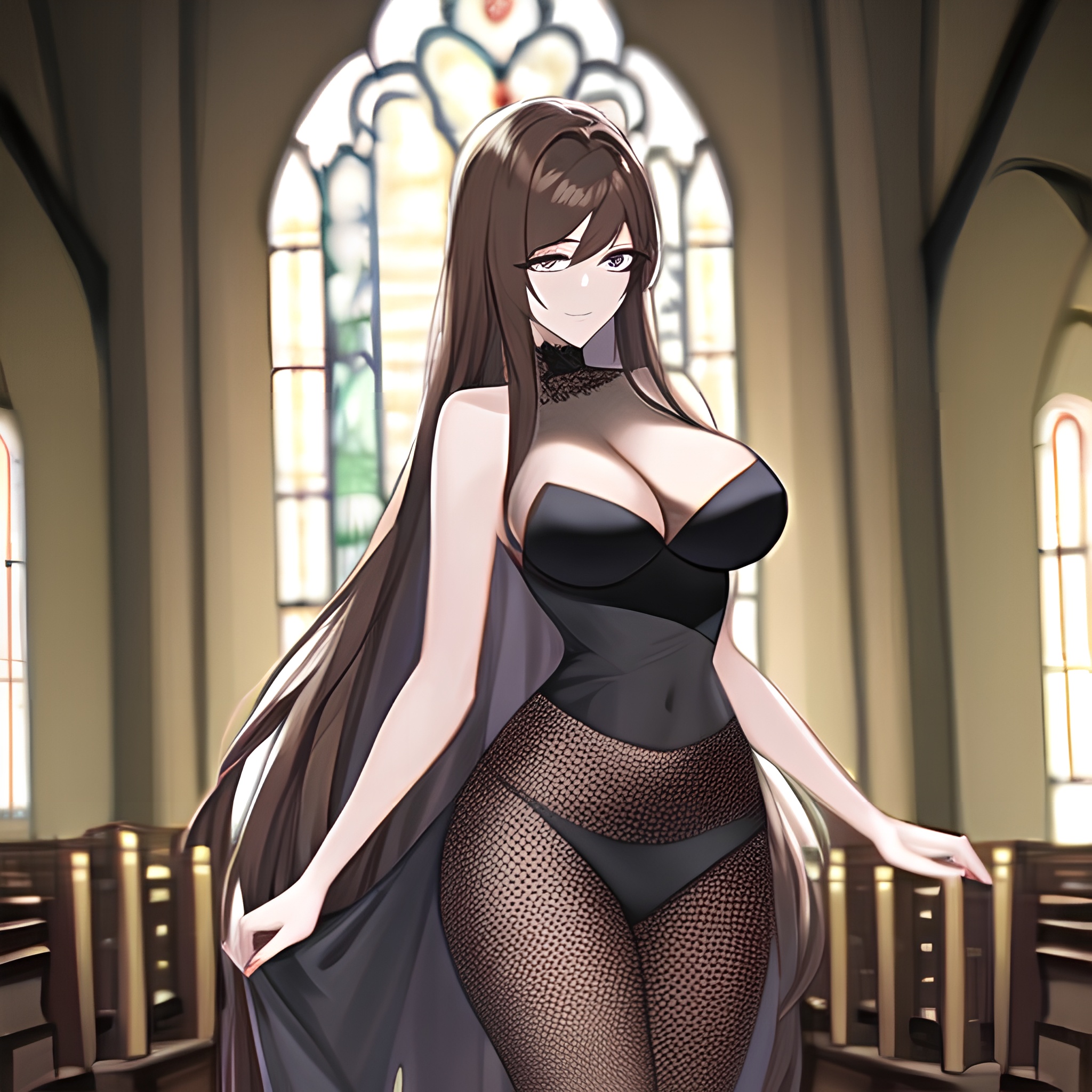 brunette long hair messy hair fishnet church woman