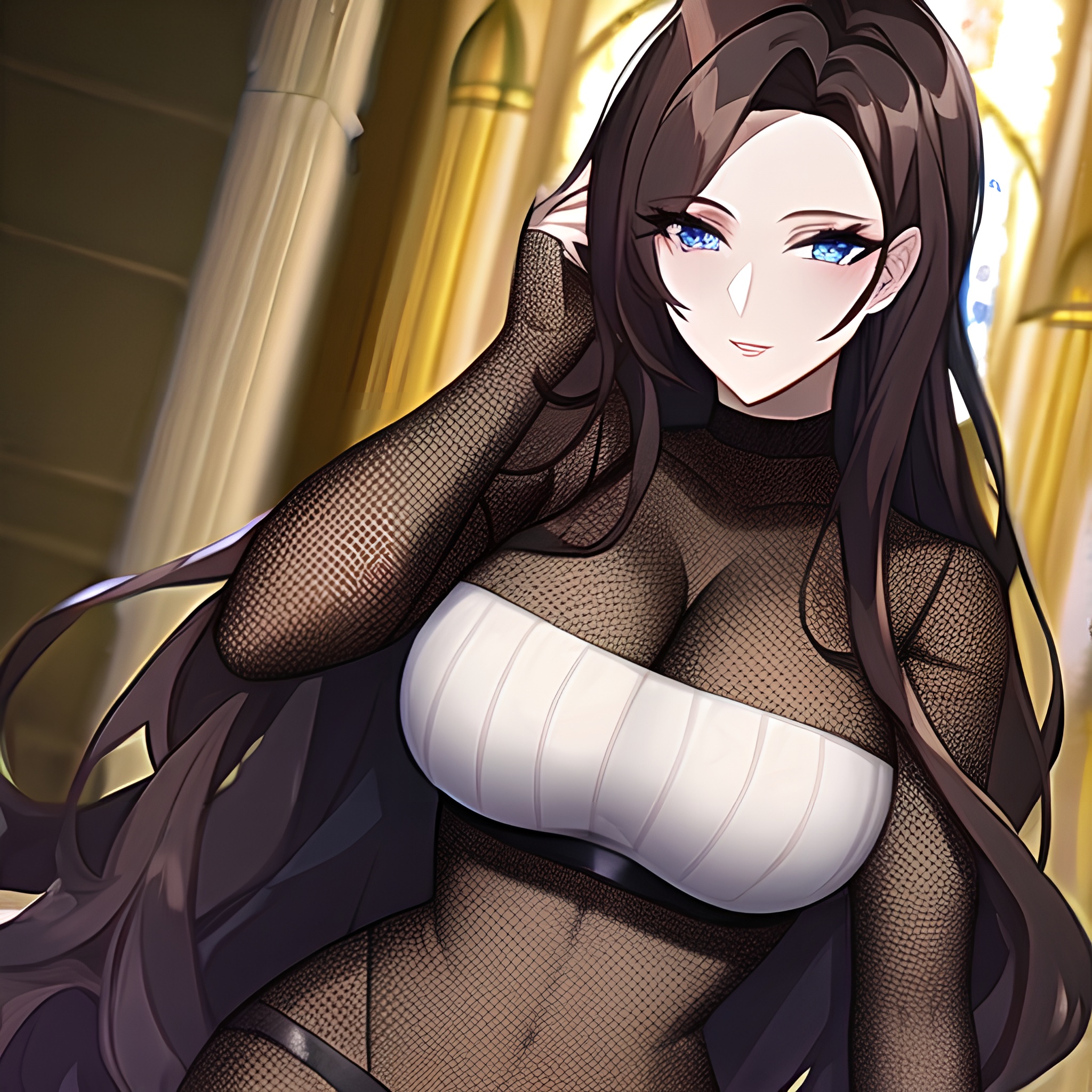 brunette long hair messy hair fishnet church woman