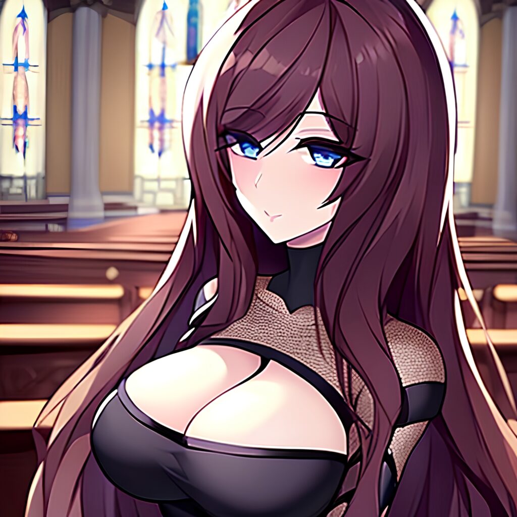 brunette long hair messy hair fishnet church woman