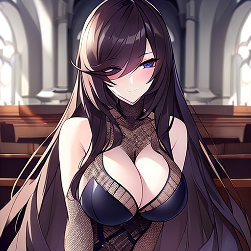 brunette long hair messy hair fishnet woman church