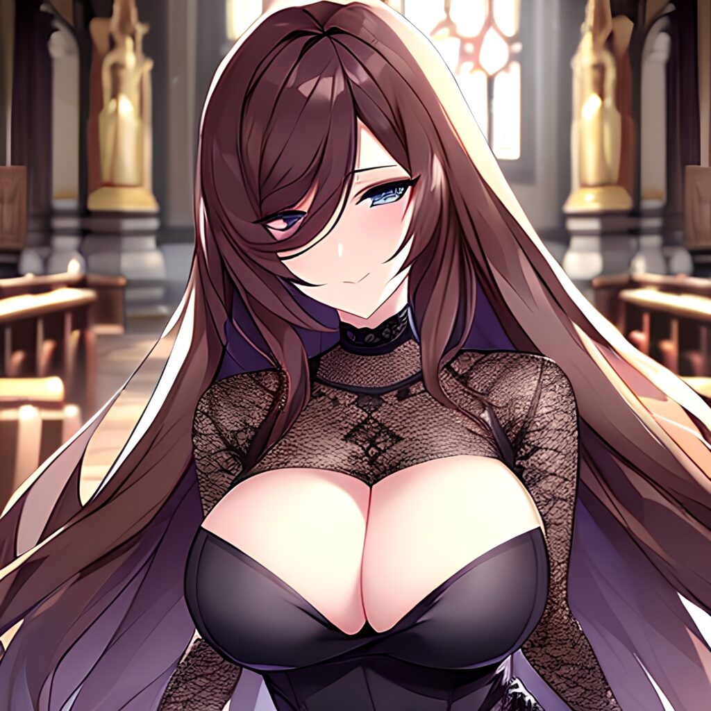 brunette long hair messy hair fishnet woman church 
