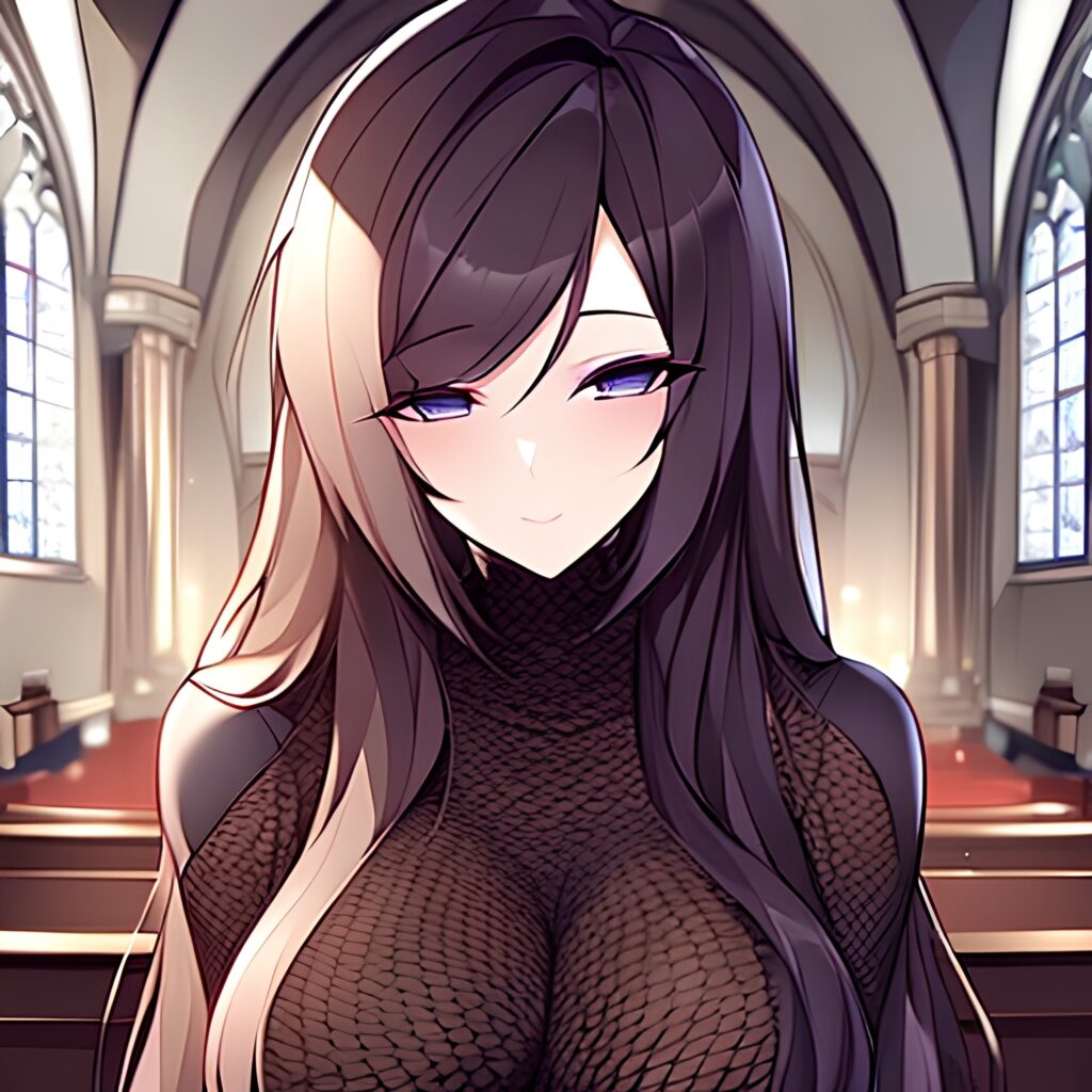 brunette long hair messy hair woman church fishnet
