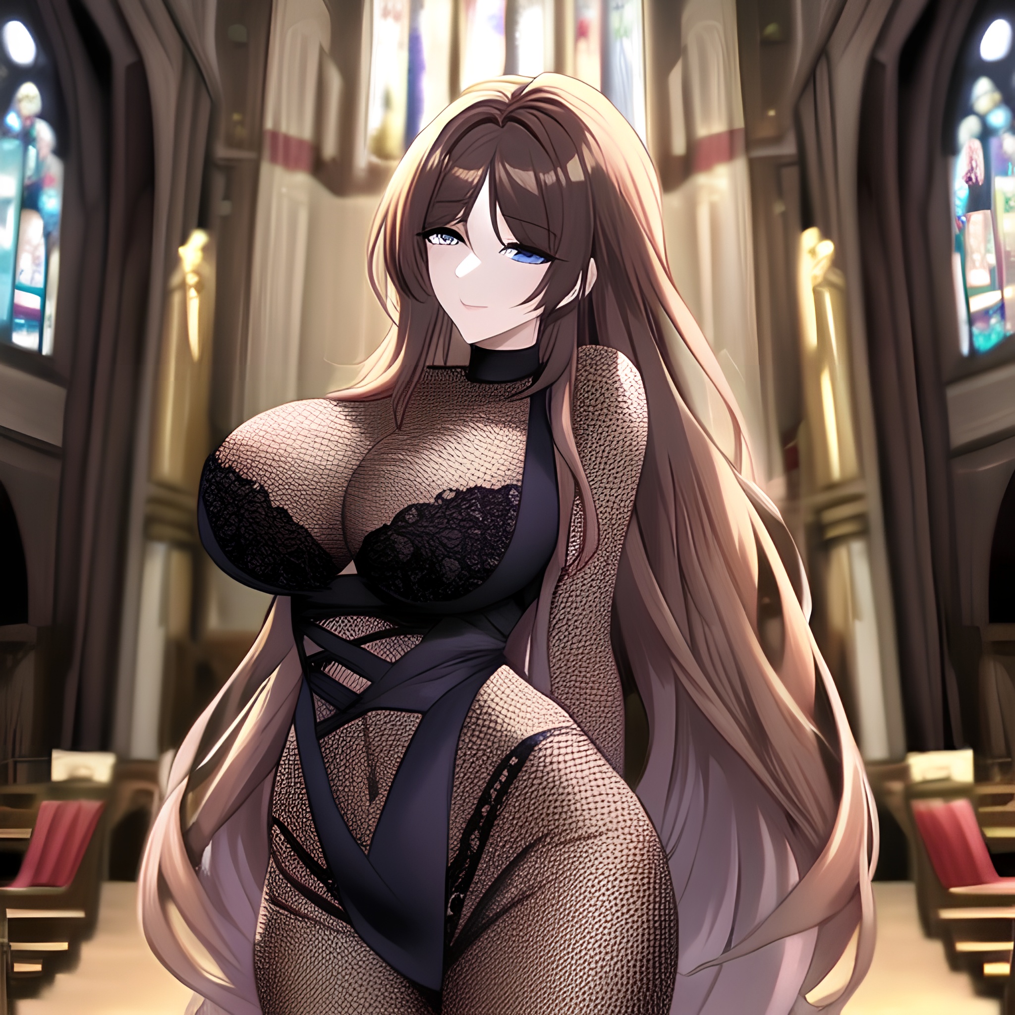 brunette long hair messy hair woman church fishnet 