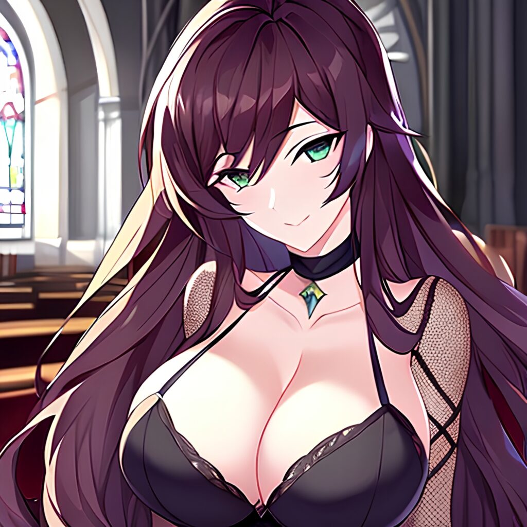 brunette long hair messy hair woman church fishnet