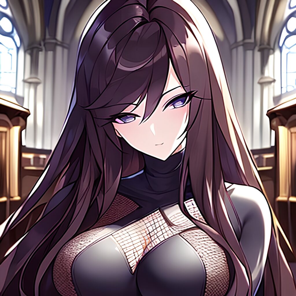 brunette long hair messy hair woman church fishnet 