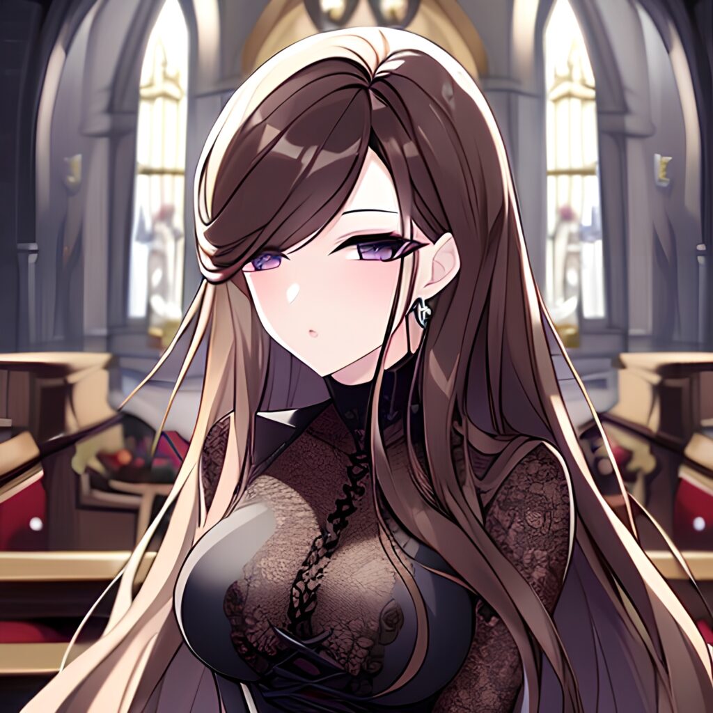 brunette long hair messy hair woman church fishnet 