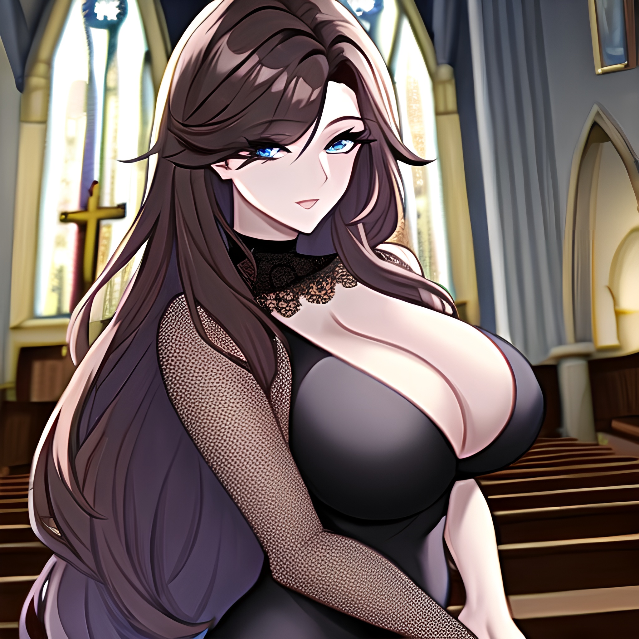 brunette long hair messy hair woman fishnet church