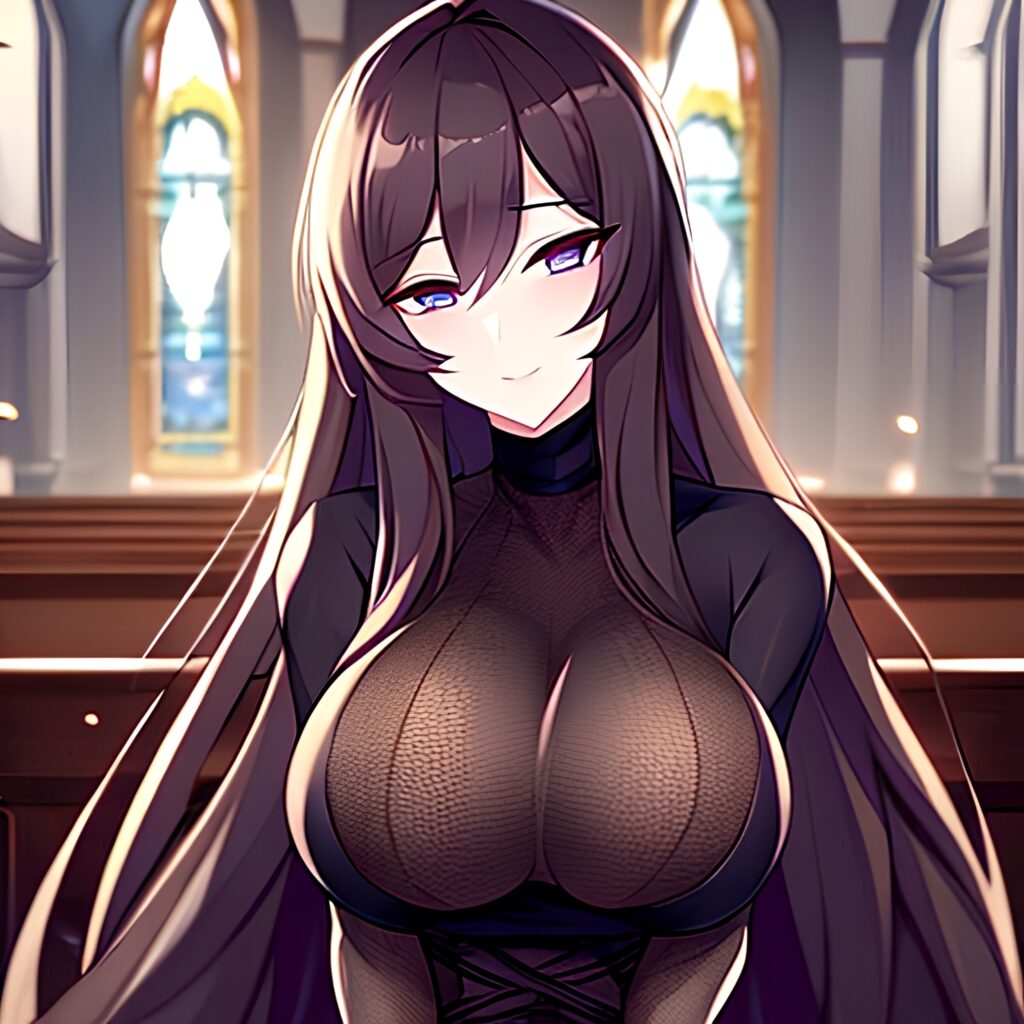 brunette long hair messy hair woman fishnet church