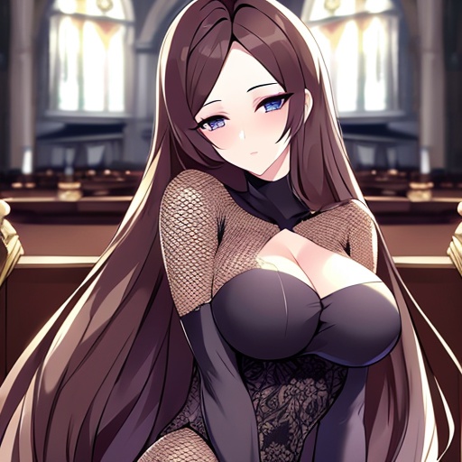 brunette long hair messy hair woman fishnet church 