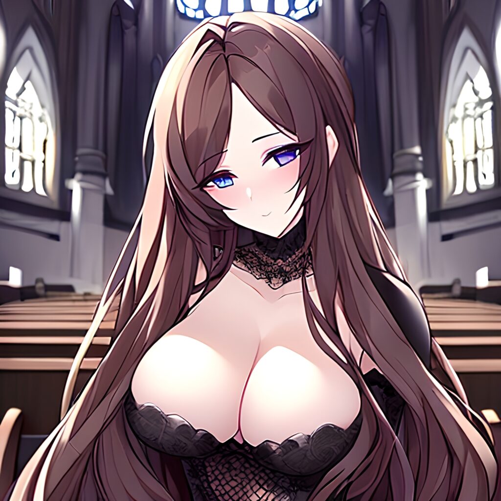 brunette long hair woman church fishnet messy hair