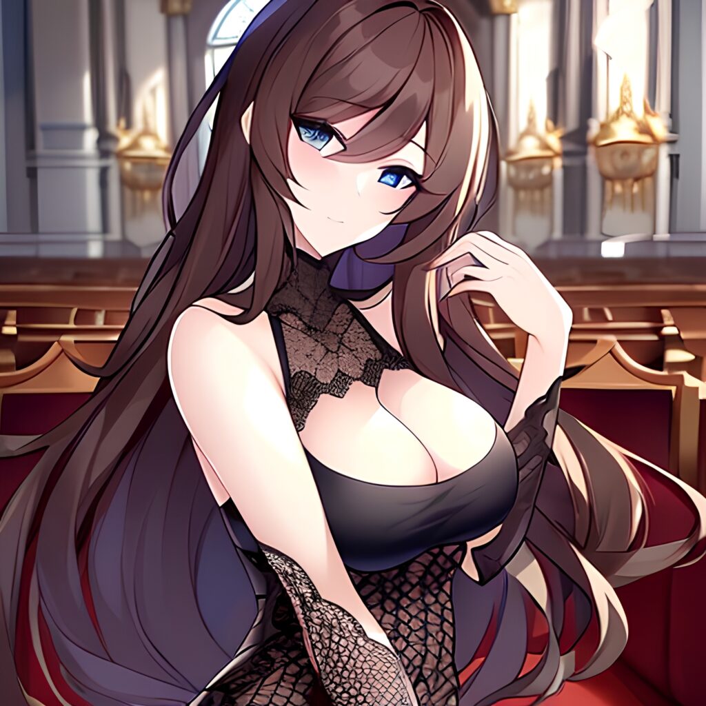 brunette long hair woman church fishnet messy hair
