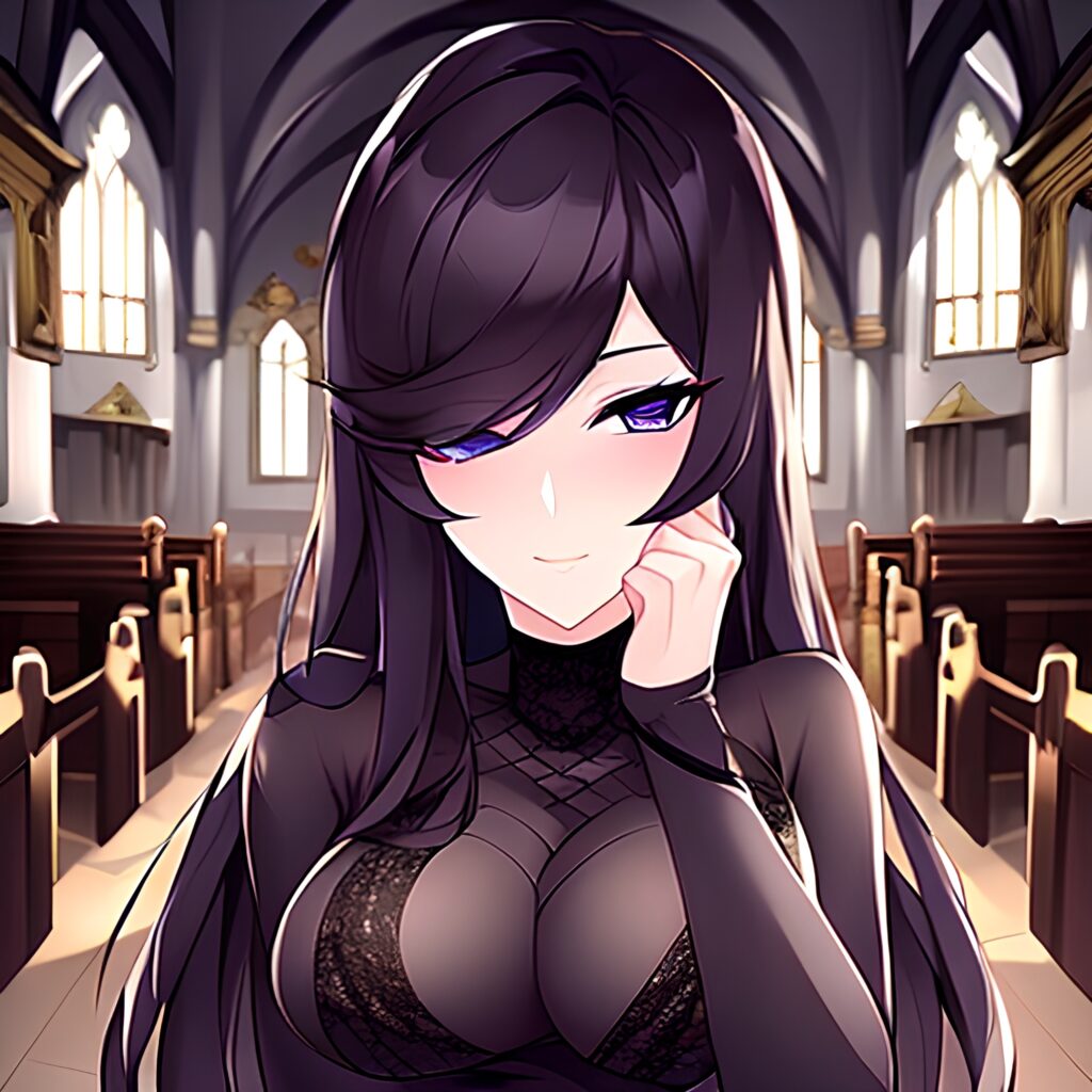 brunette long hair woman church messy hair fishnet