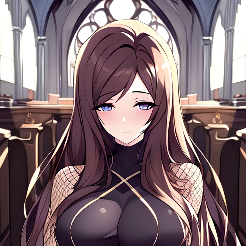 brunette long hair woman church messy hair fishnet