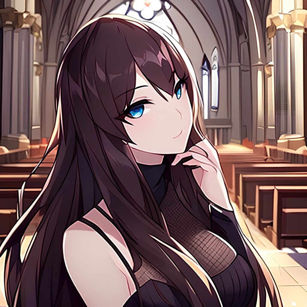 brunette long hair woman church messy hair fishnet 