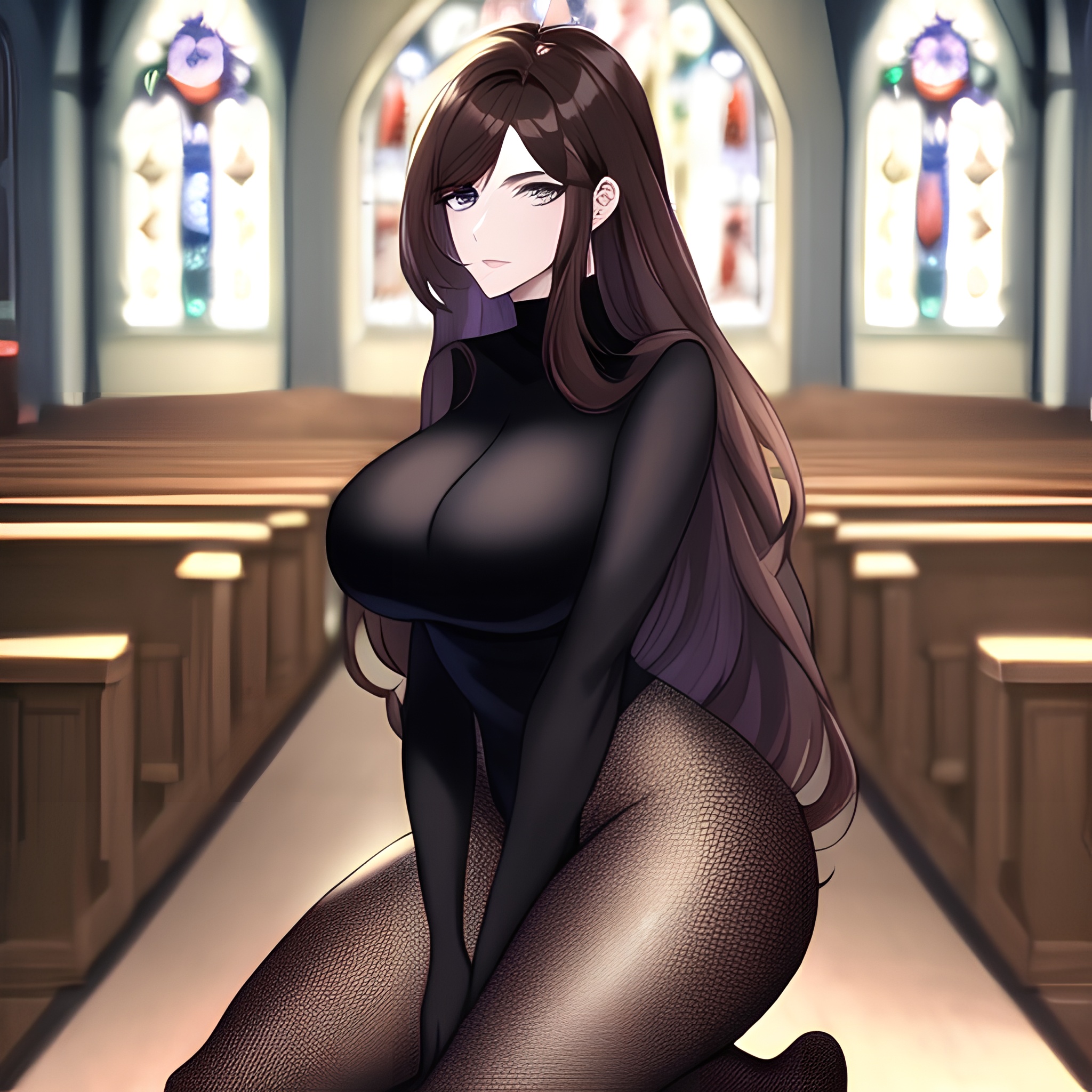 brunette long hair woman fishnet church messy hair