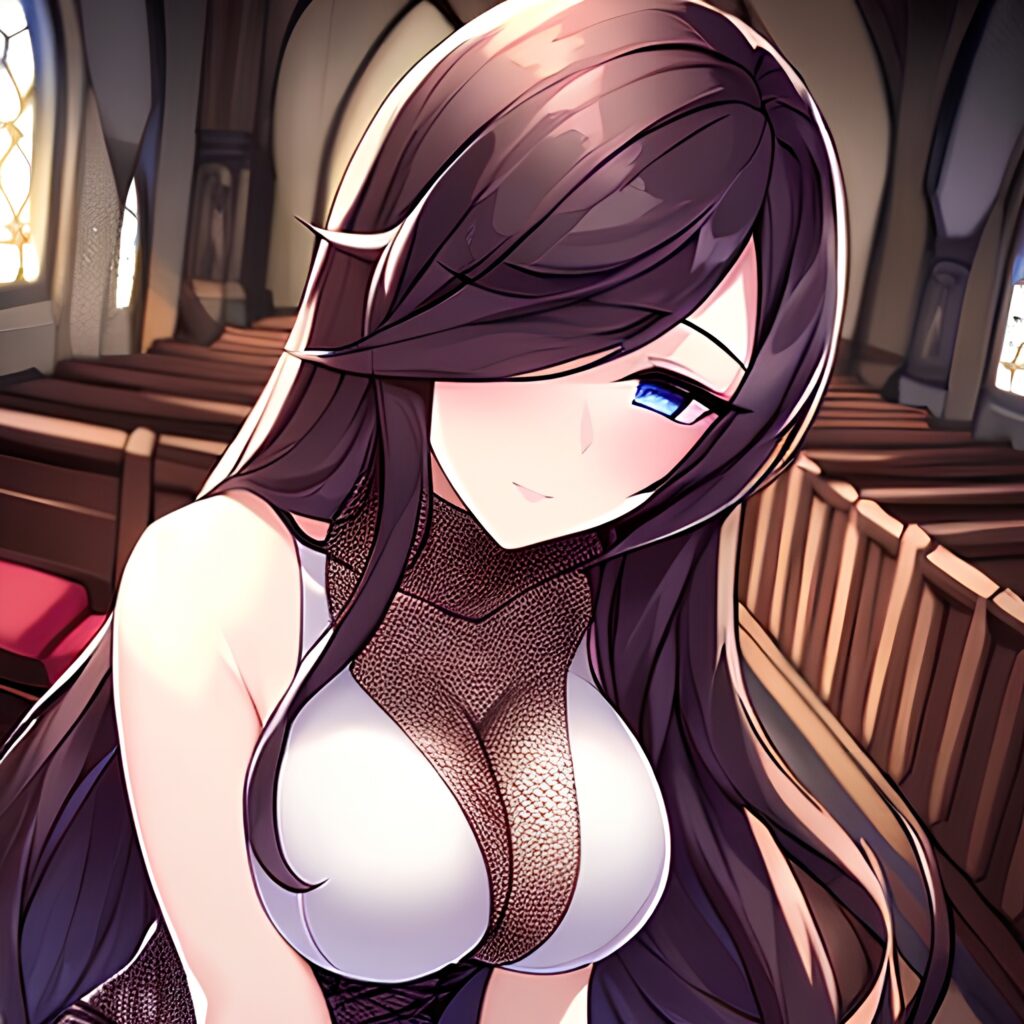 brunette long hair woman fishnet church messy hair