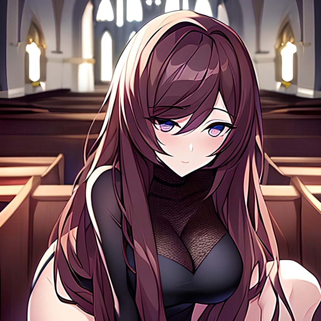 brunette long hair woman fishnet church messy hair
