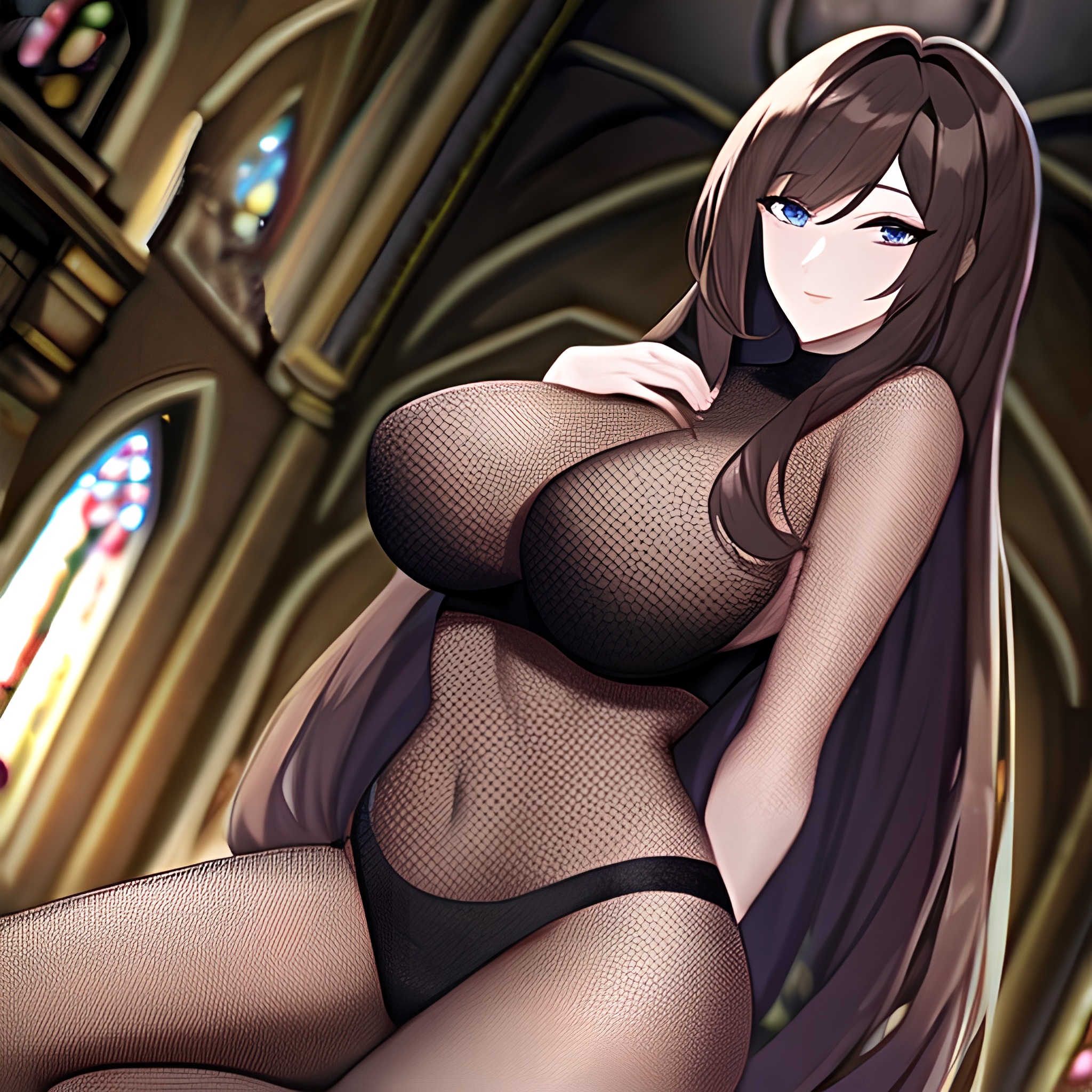 brunette long hair woman fishnet church messy hair 