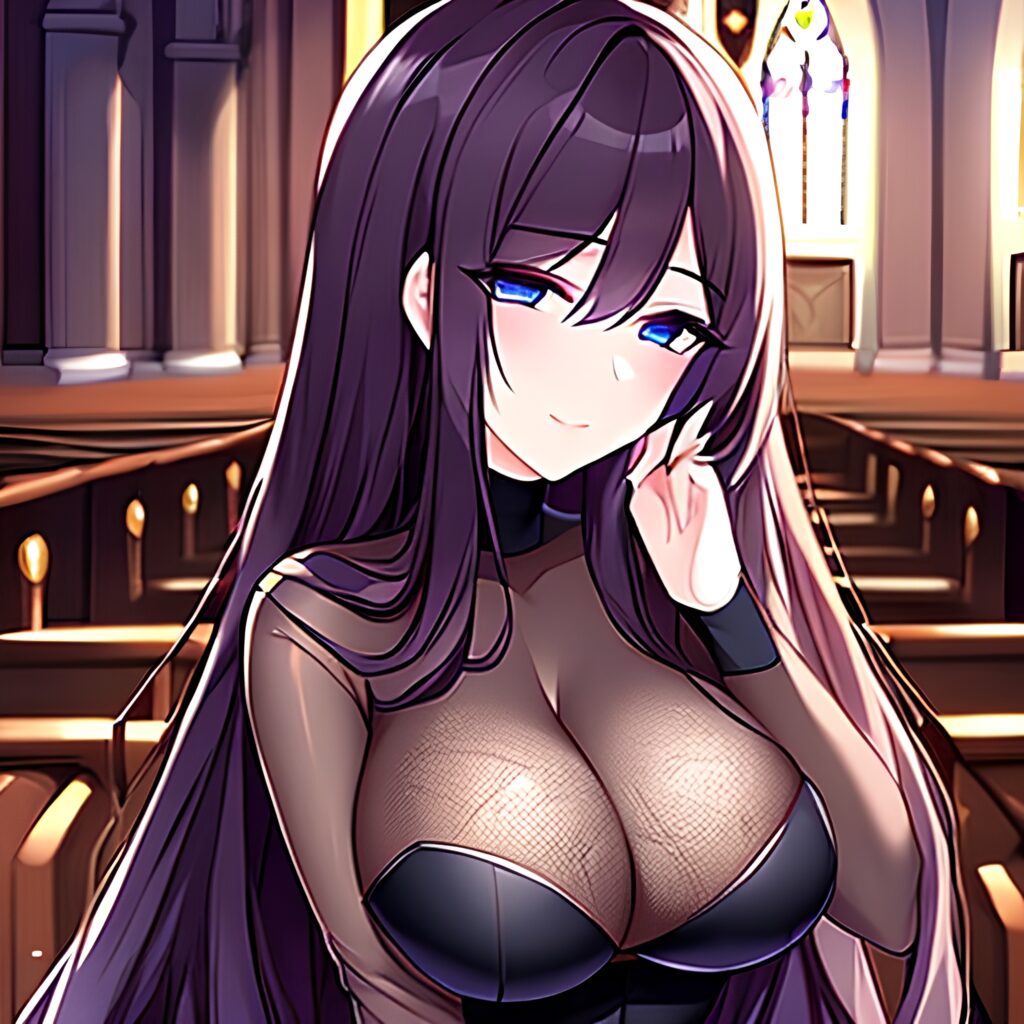 brunette long hair woman fishnet church messy hair