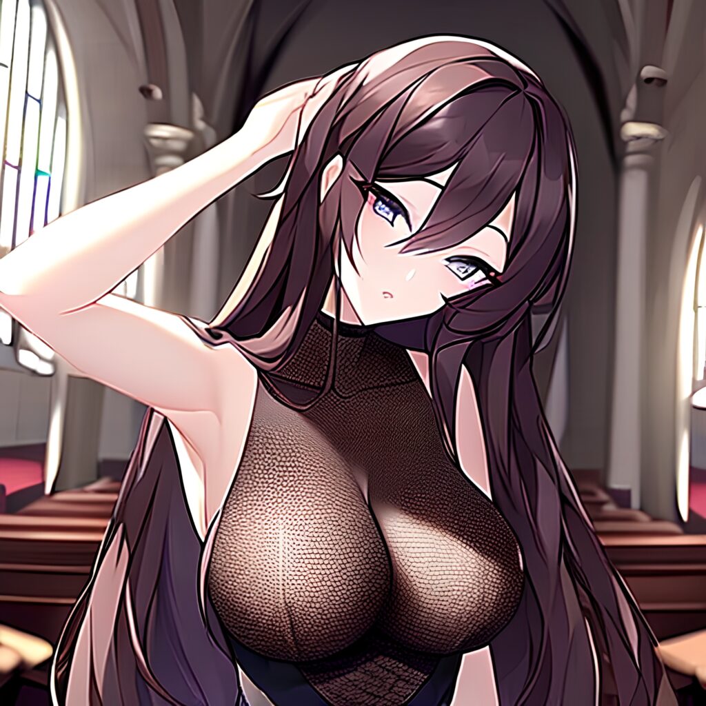 brunette long hair woman fishnet messy hair church 
