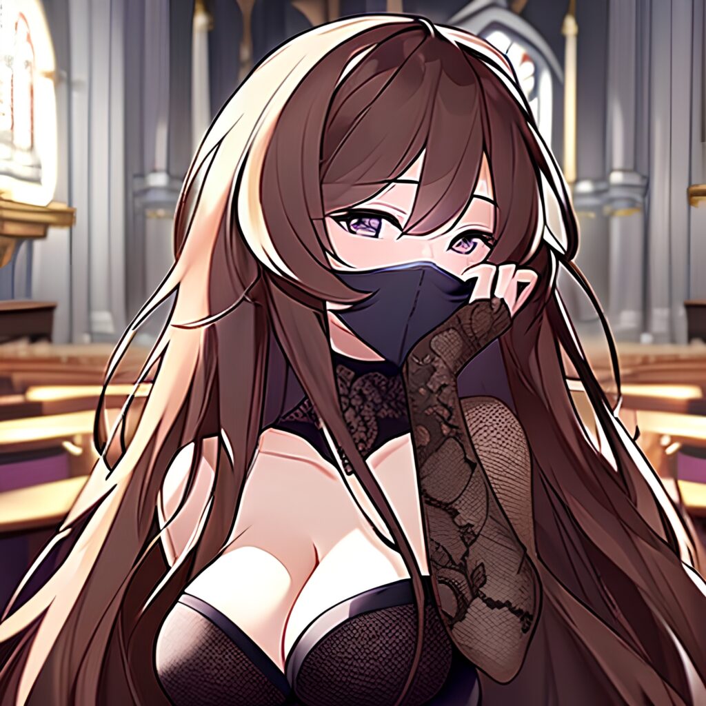 brunette long hair woman fishnet messy hair church 