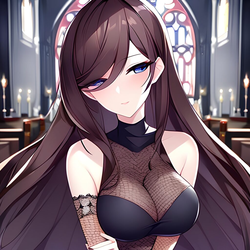 brunette long hair woman fishnet messy hair church