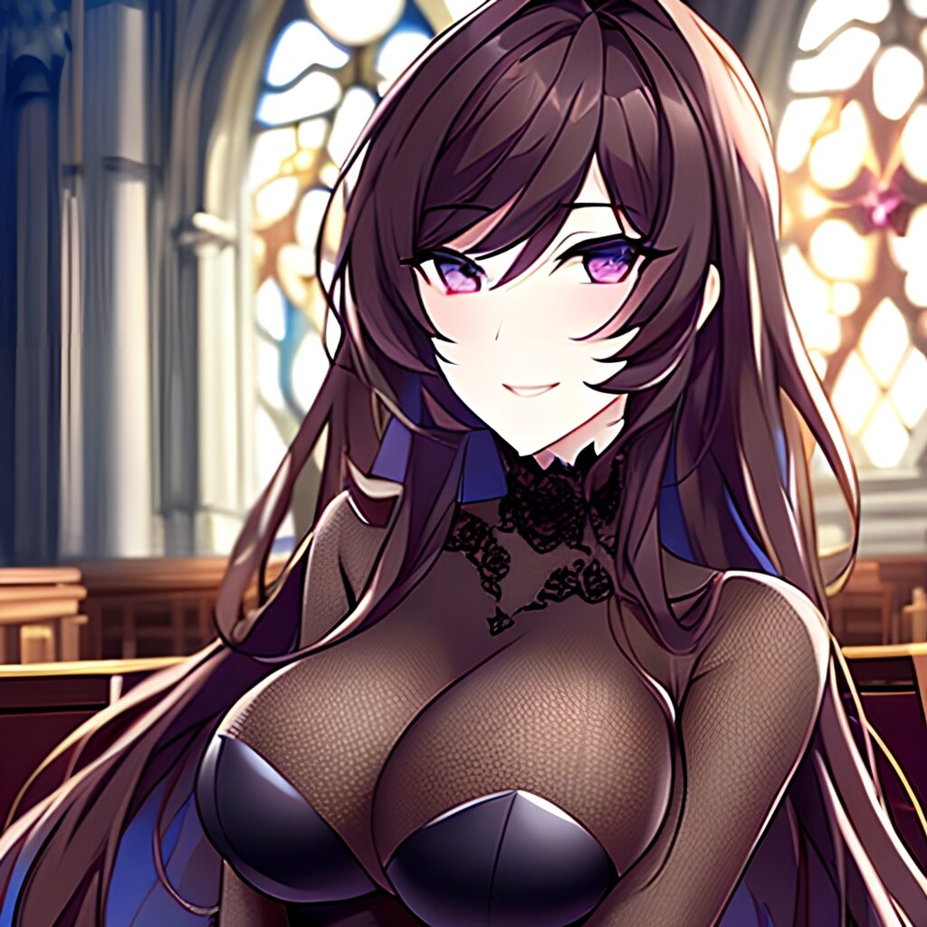 brunette long hair woman fishnet messy hair church