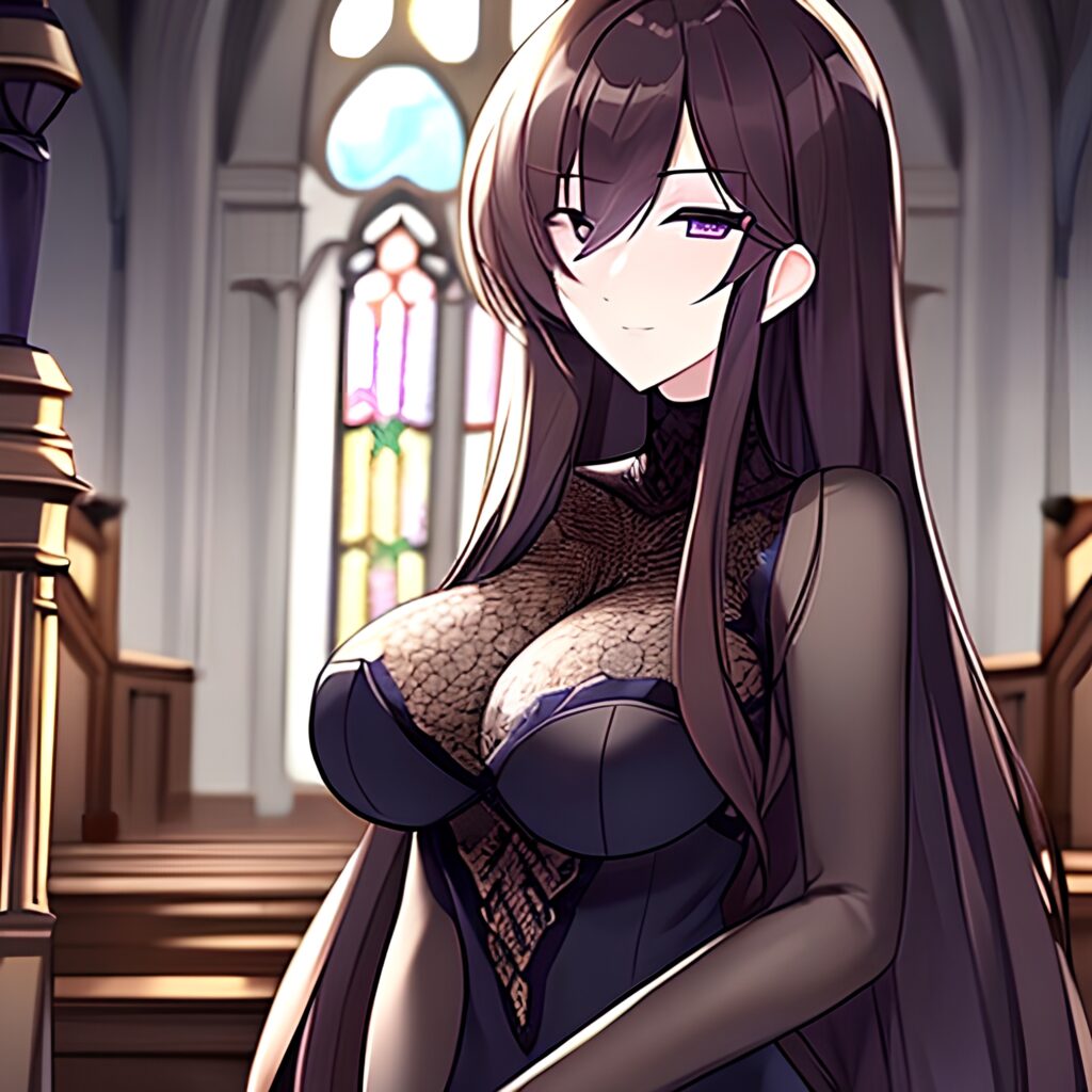 brunette long hair woman fishnet messy hair church 
