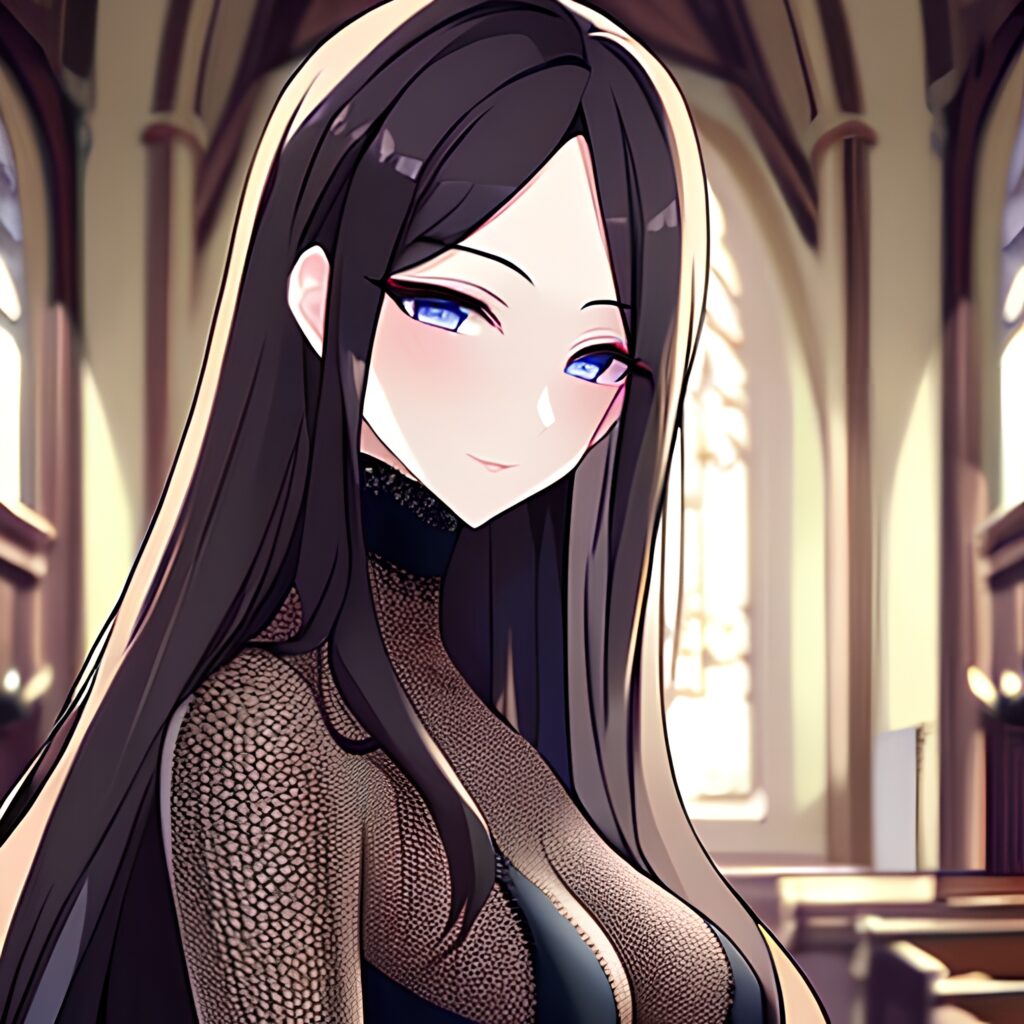 brunette long hair woman fishnet messy hair church