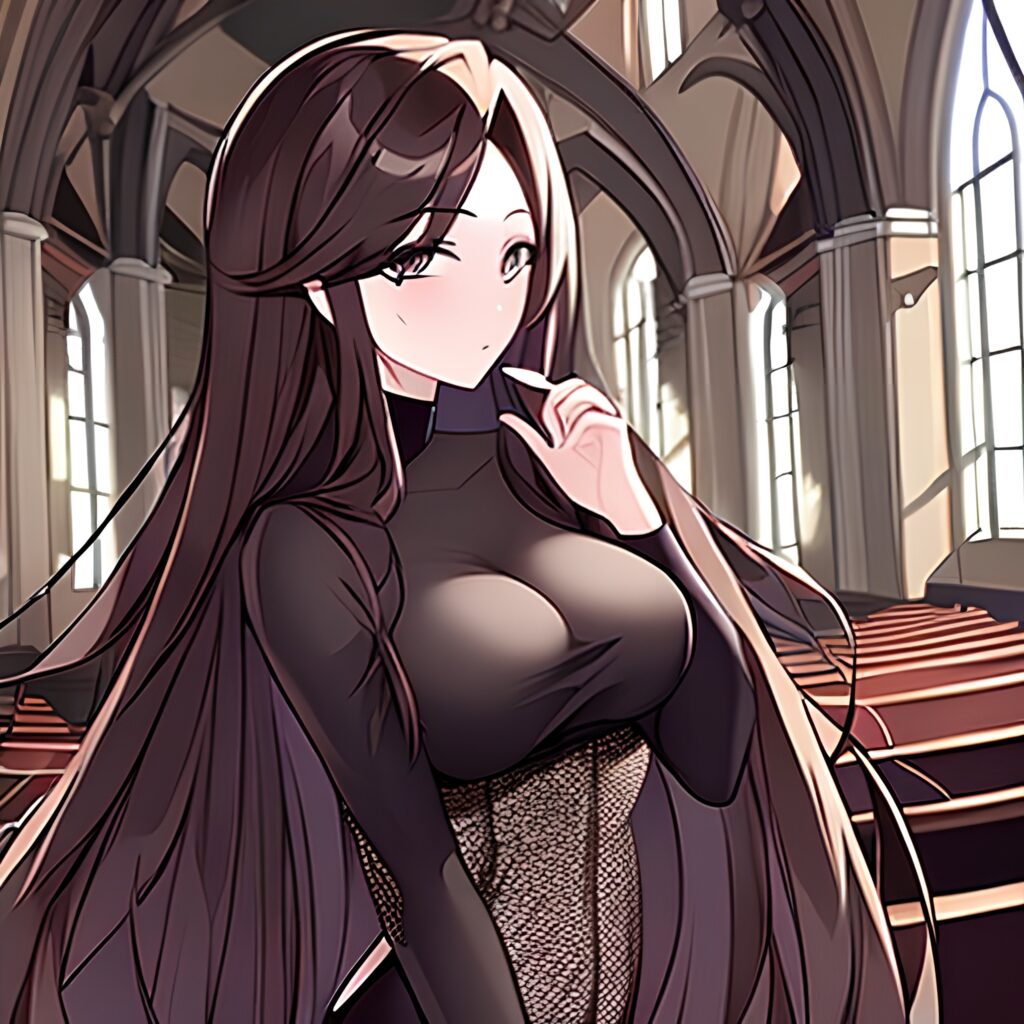 brunette long hair woman messy hair church fishnet