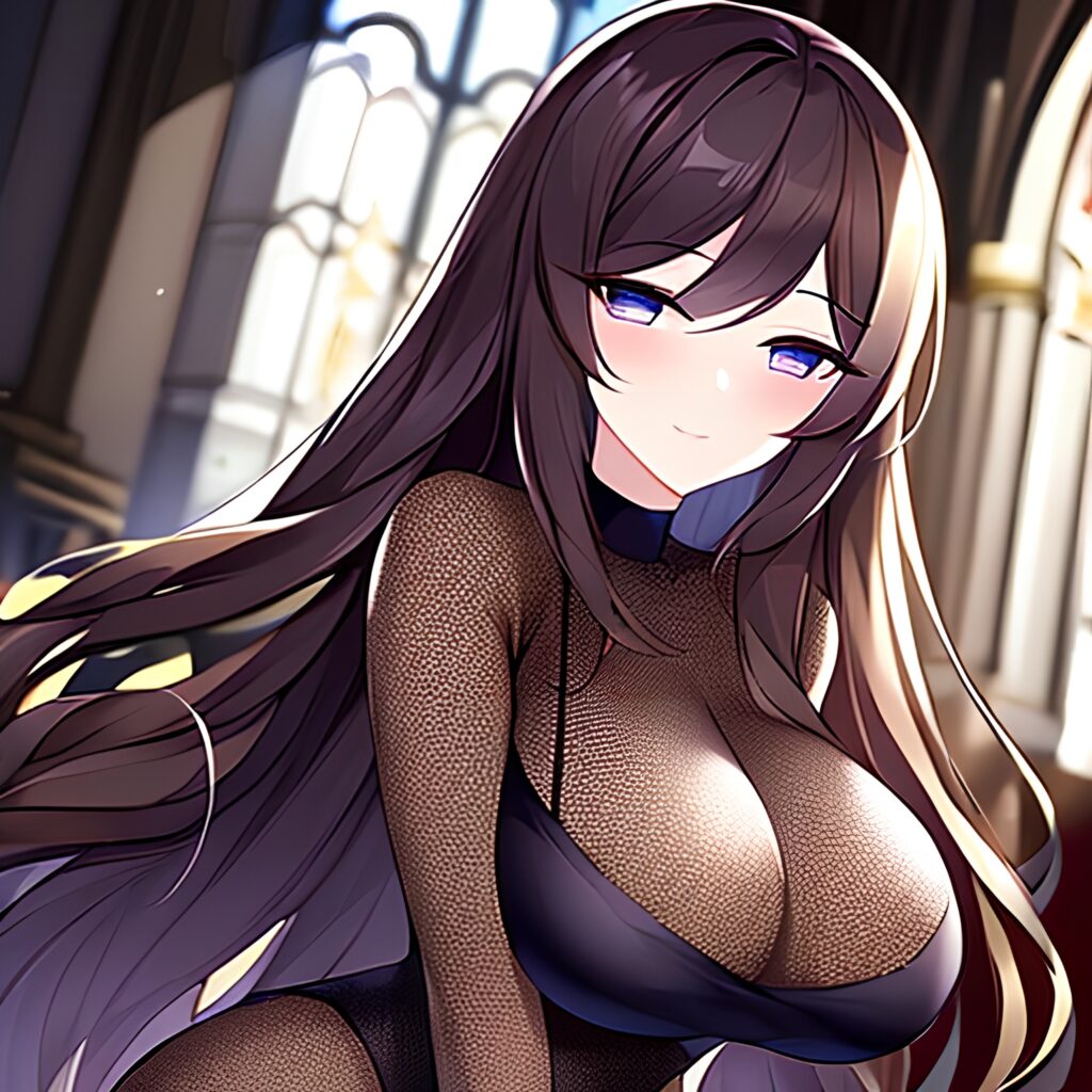 brunette long hair woman messy hair church fishnet 
