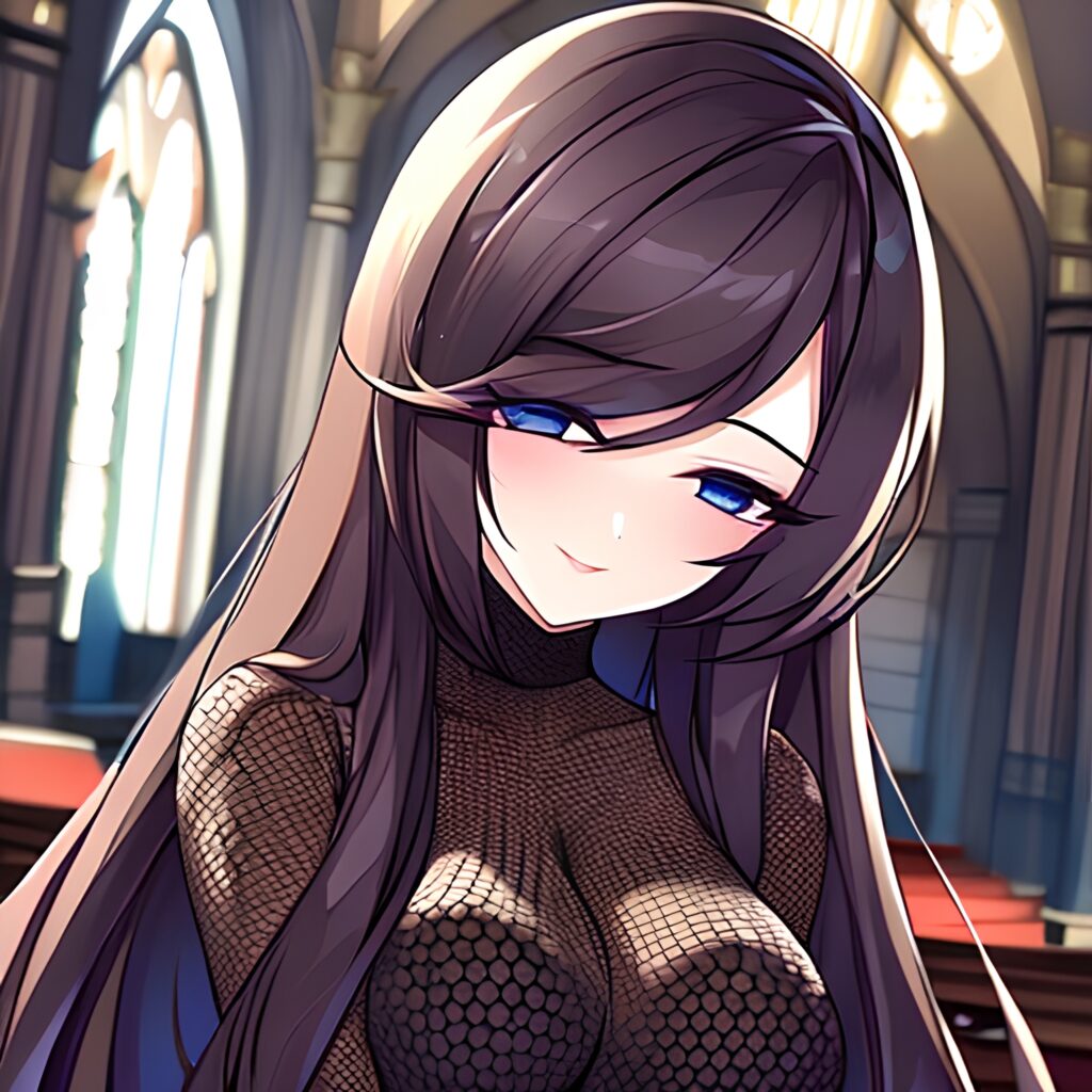 brunette long hair woman messy hair church fishnet