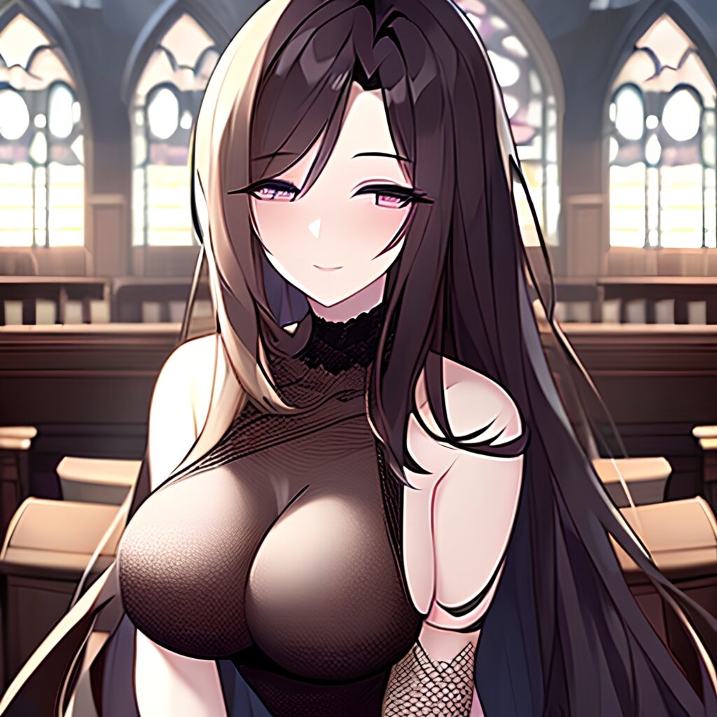 brunette long hair woman messy hair church fishnet