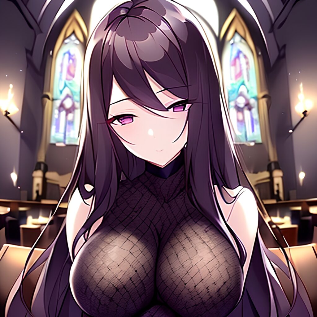 brunette long hair woman messy hair church fishnet 