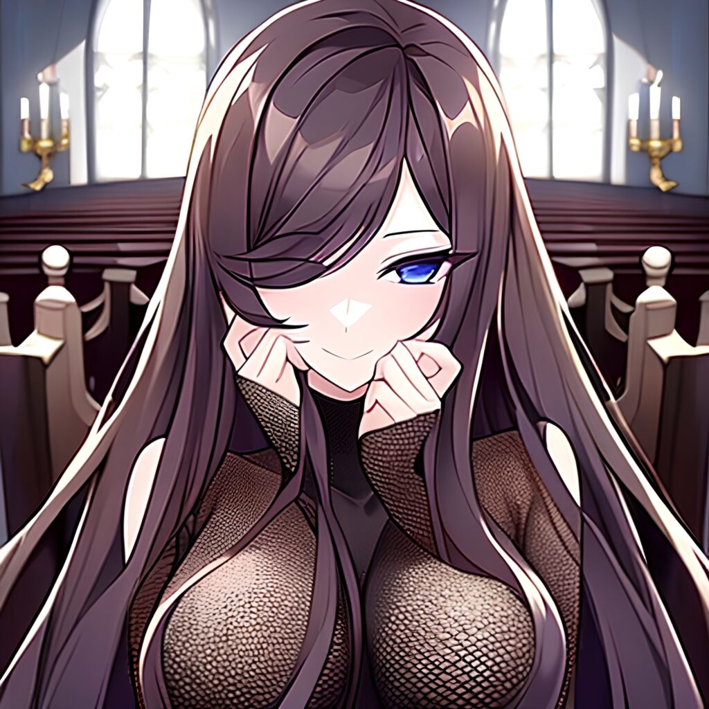 brunette long hair woman messy hair church fishnet 