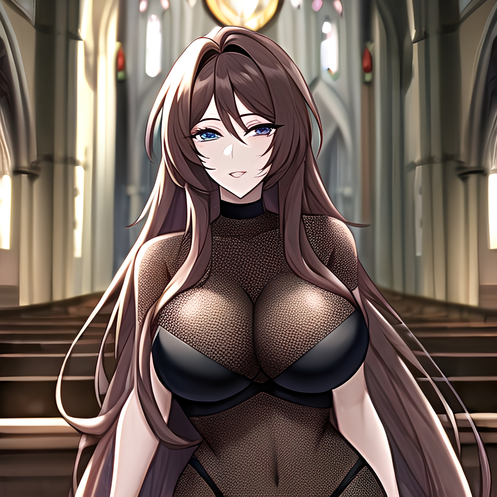 brunette long hair woman messy hair church fishnet