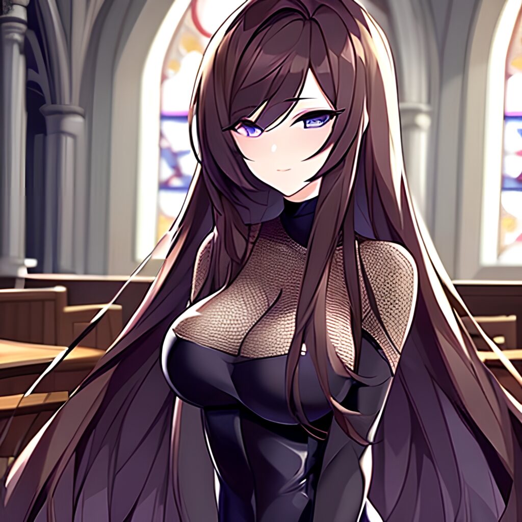 brunette long hair woman messy hair fishnet church