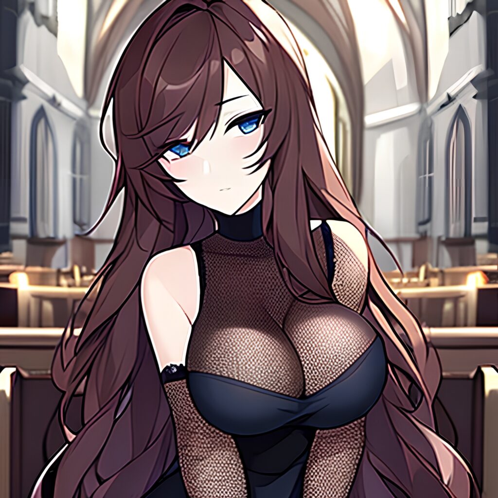 brunette long hair woman messy hair fishnet church