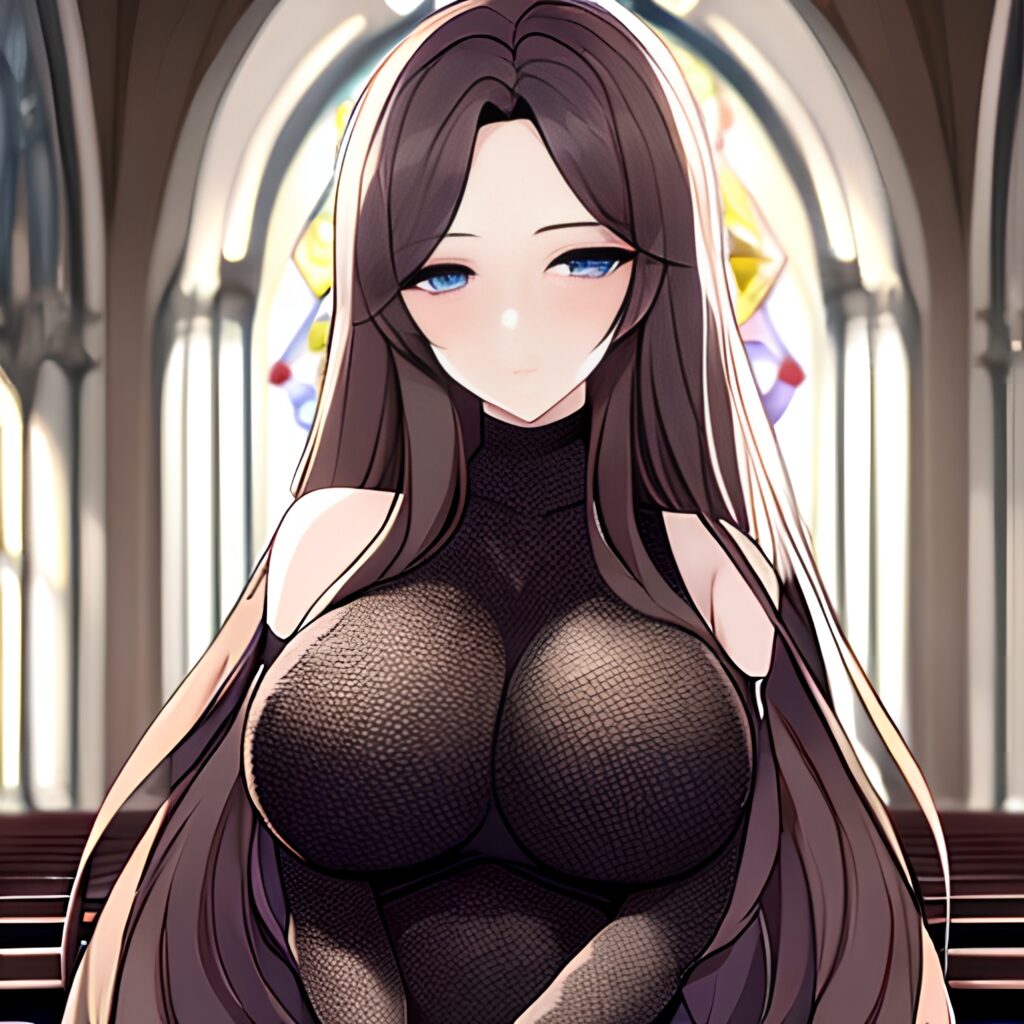 brunette messy hair church fishnet long hair woman