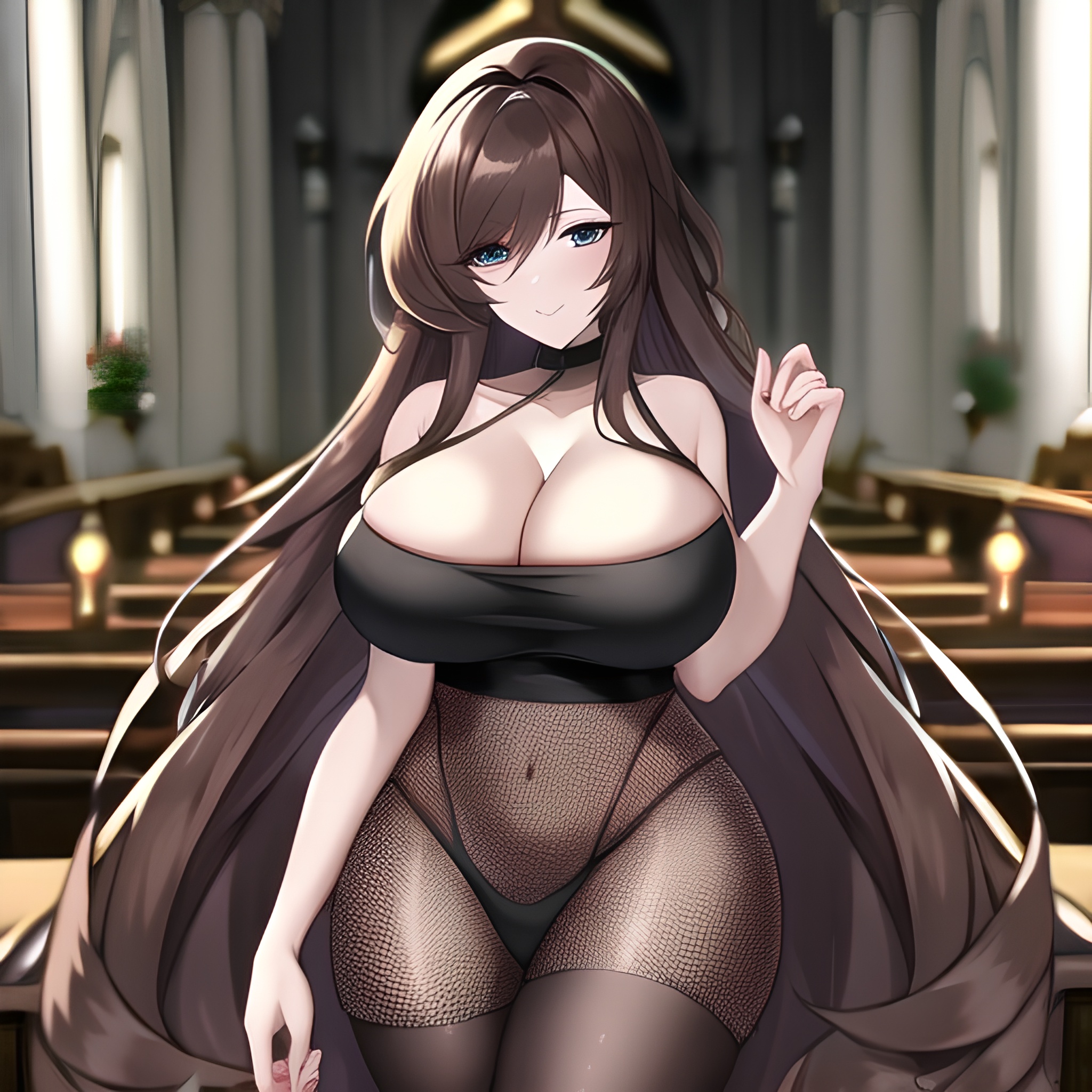 brunette messy hair church fishnet woman long hair 