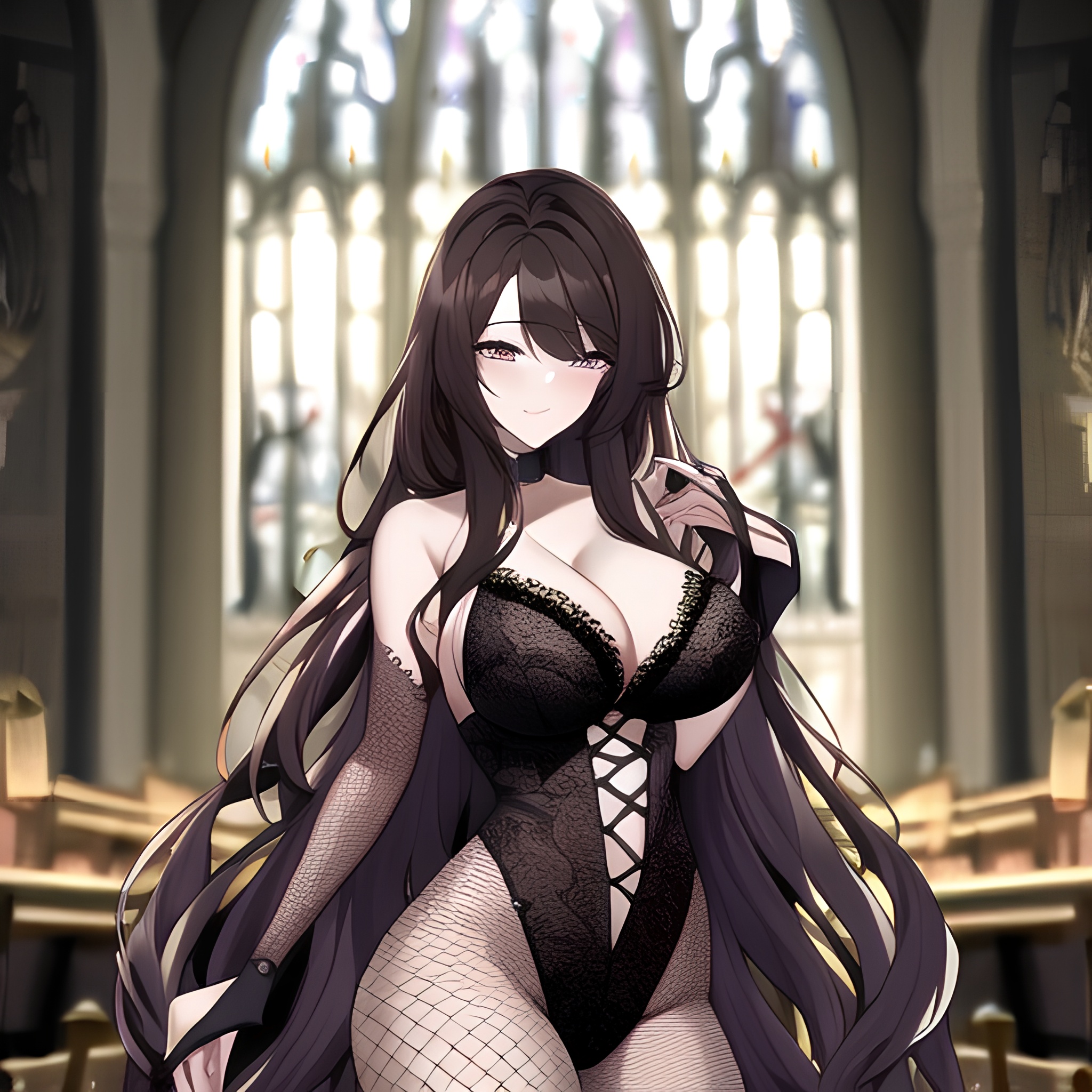 brunette messy hair church fishnet woman long hair 