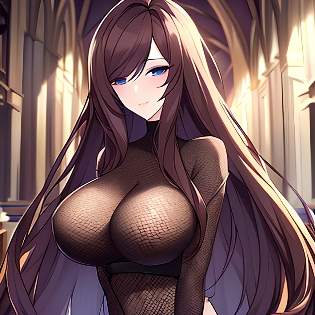 brunette messy hair church long hair fishnet woman