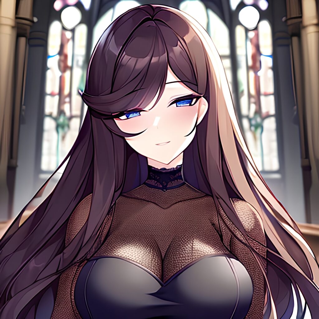 brunette messy hair church long hair fishnet woman 