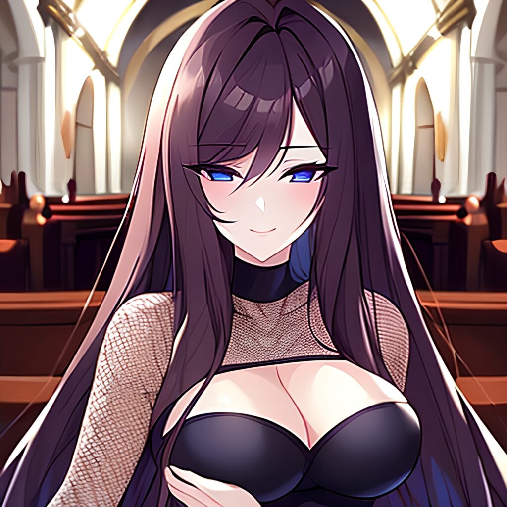 brunette messy hair church long hair fishnet woman