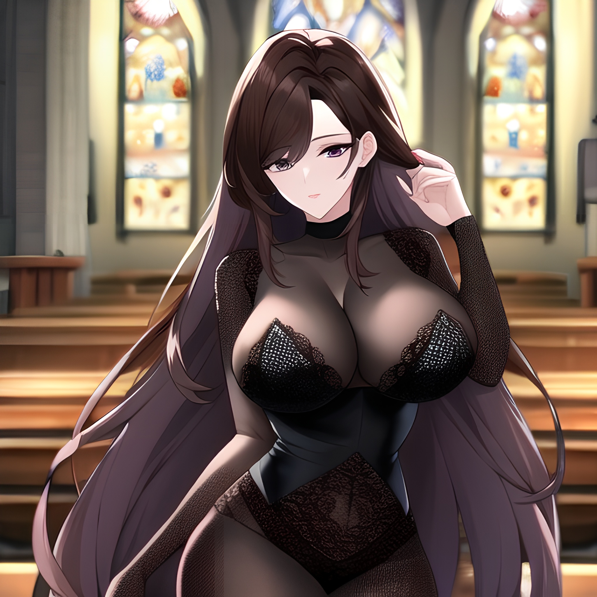 brunette messy hair church long hair woman fishnet