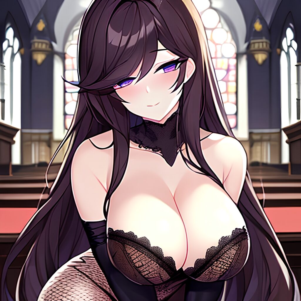 brunette messy hair church long hair woman fishnet 
