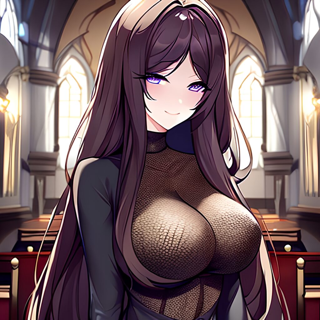 brunette messy hair church long hair woman fishnet