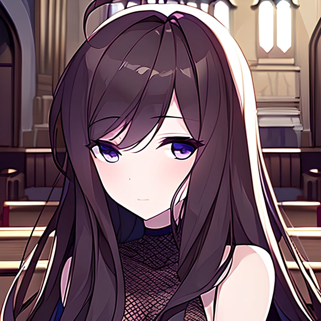 brunette messy hair church woman long hair fishnet 